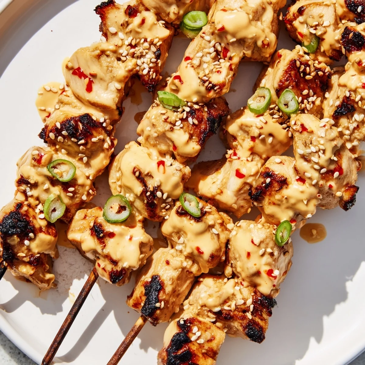 Juicy grilled Bang Bang chicken skewers drizzled with creamy spicy sauce and garnished with sesame seeds