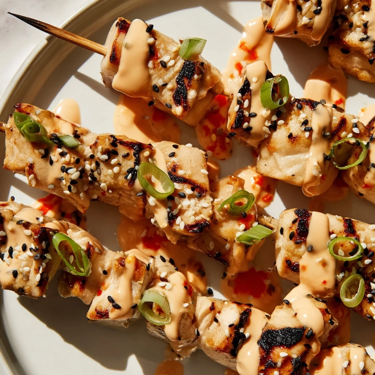 Tender Bang Bang chicken skewers on a serving plate brushed with spicy sauce and topped with sesame seeds