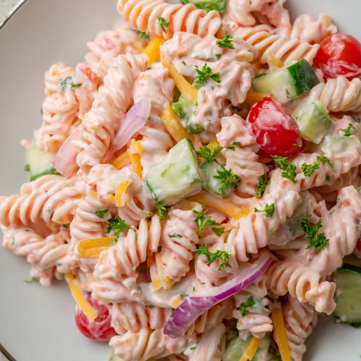 Creamy Pink Cadillac Pasta Salad with cherry tomatoes and peppers in a rosy dressing