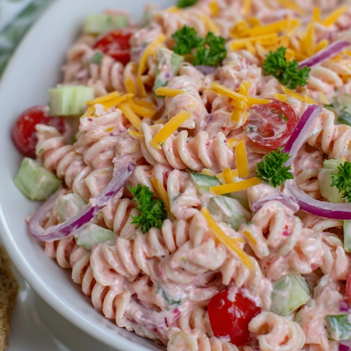 Cold Pink Cadillac Pasta Salad loaded with colorful vegetables and sharp cheddar cheese