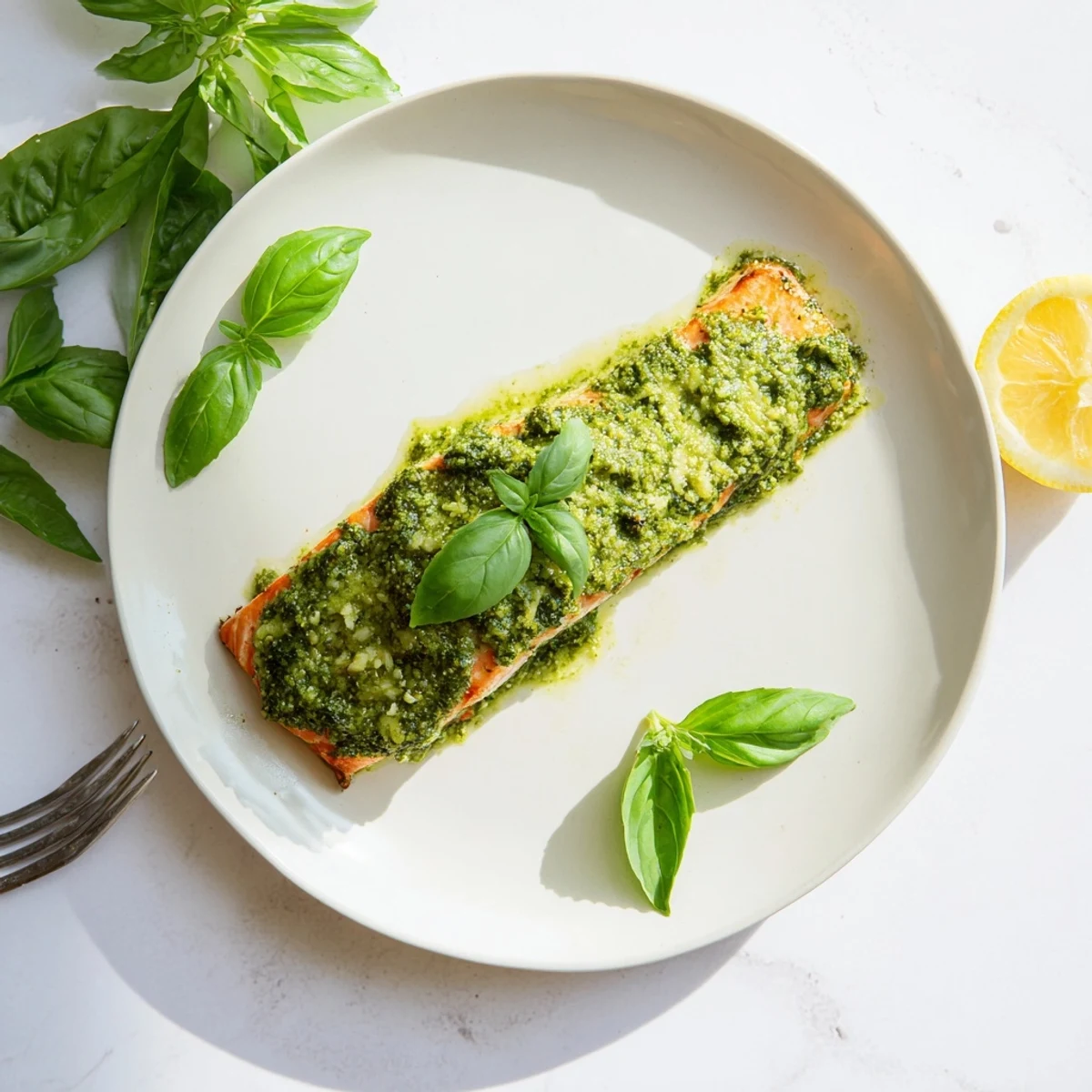 Succulent pink salmon glazed with rich pesto butter served with bright lemon wedges and fresh basil