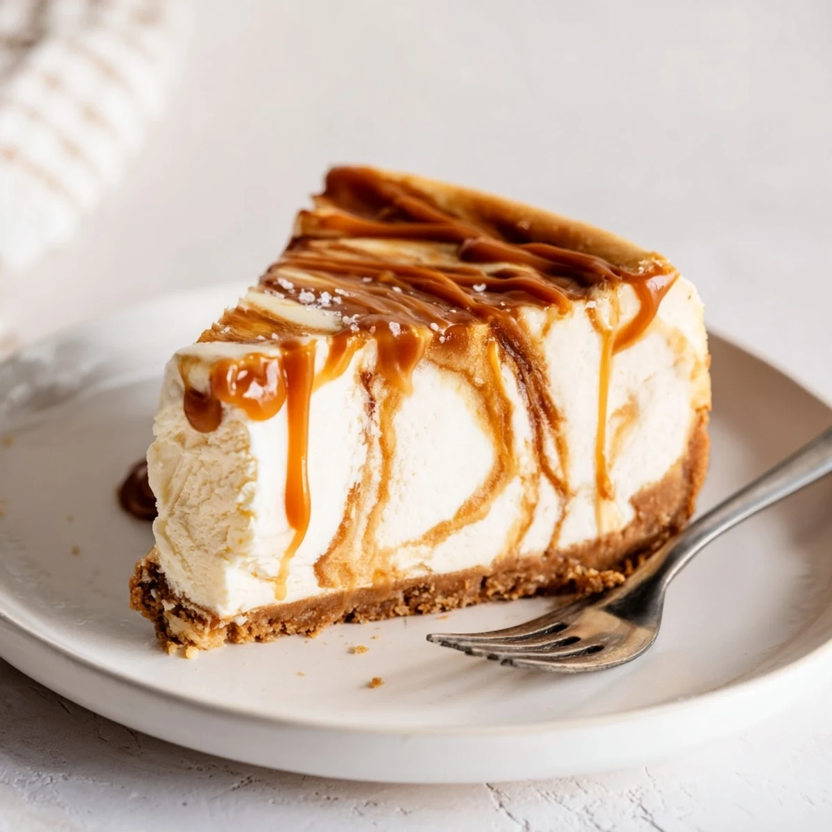 Golden caramel swirl cheesecake slice with graham cracker crust on white plate