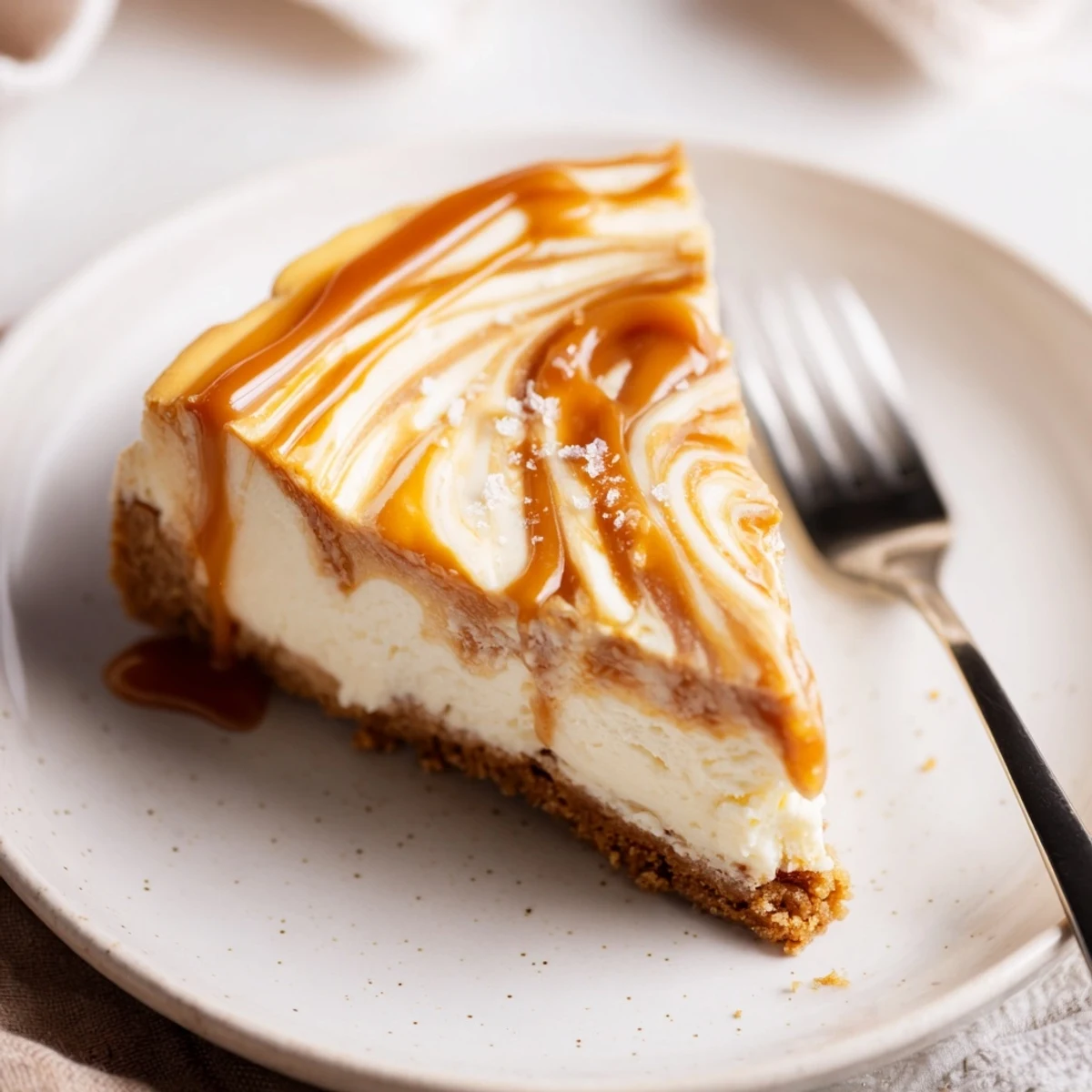 Rich caramel cheesecake slice revealing buttery graham crust and caramel ribbons