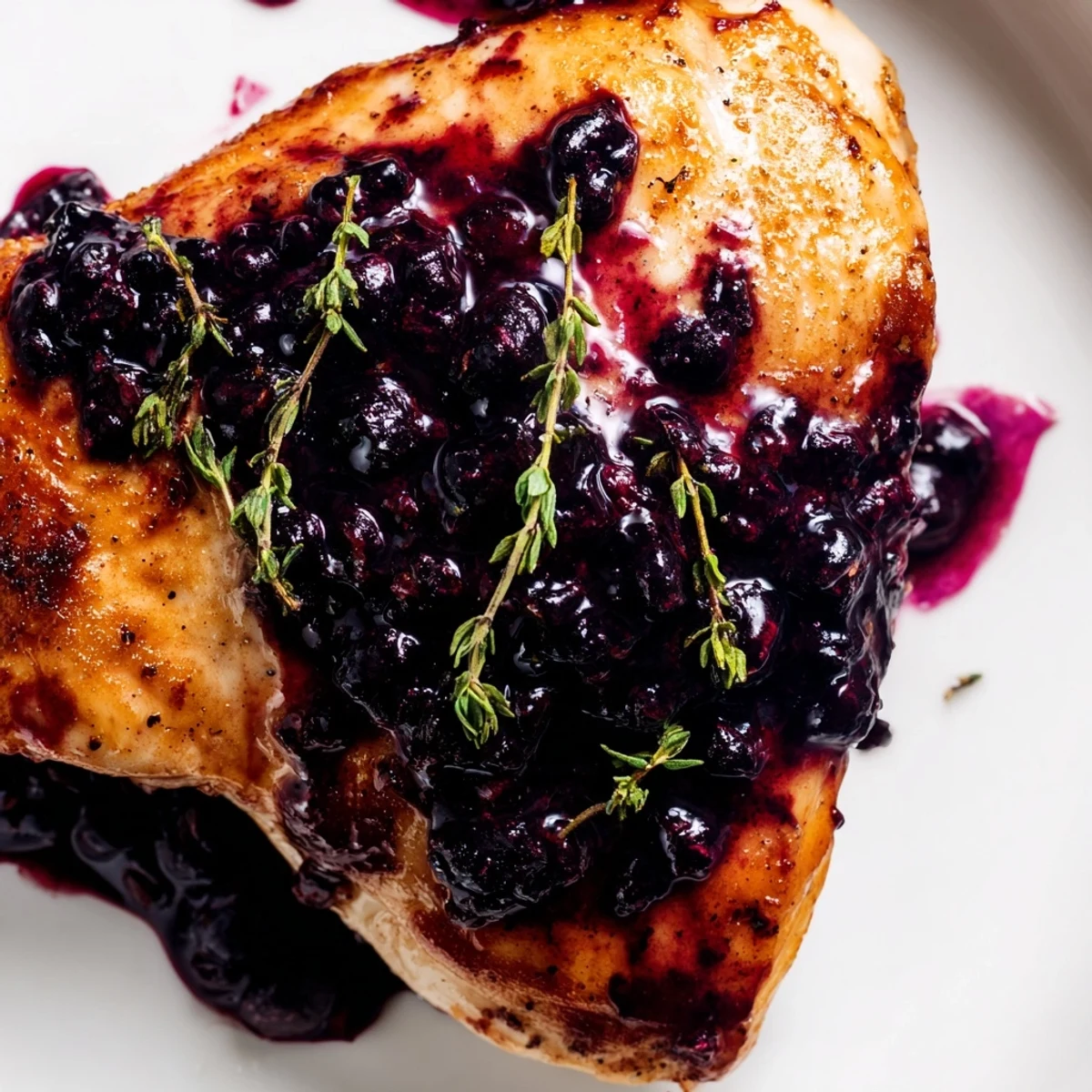 Golden pan-seared chicken breasts topped with glossy purple blueberry thyme sauce
