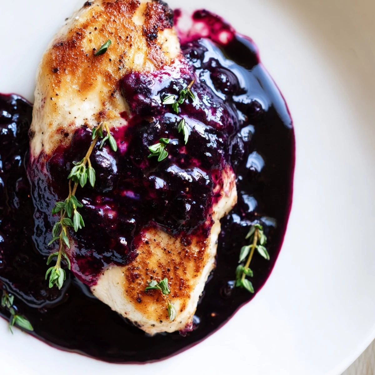 Elegant blueberry thyme chicken plated with fresh thyme and glossy berry reduction
