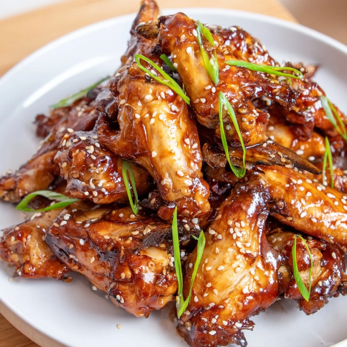 Sticky Teriyaki Baked Wings glistening with caramelized sauce, garnished with scallions.