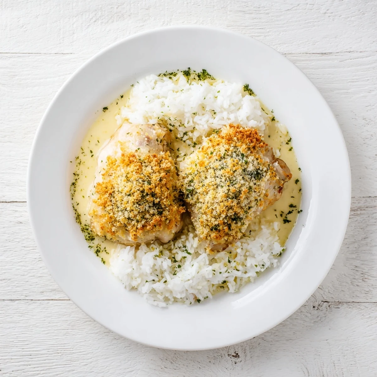 Golden herb crusted chicken thighs drizzled with creamy garlic sauce over fluffy white rice