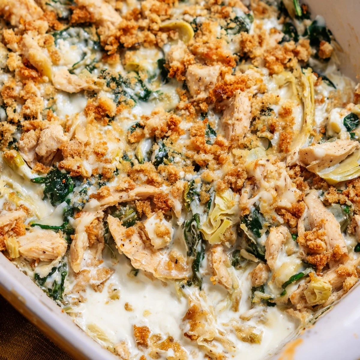 Golden and bubbly high protein spinach and artichoke chicken casserole fresh from the oven