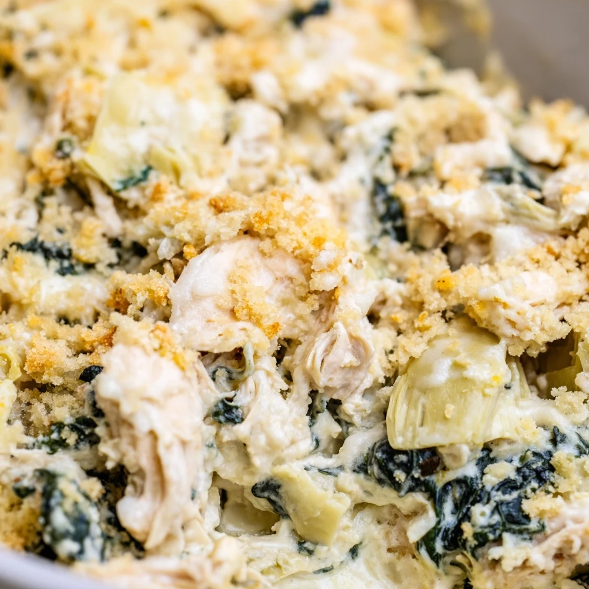 Creamy high protein spinach and artichoke chicken casserole topped with melted mozzarella cheese