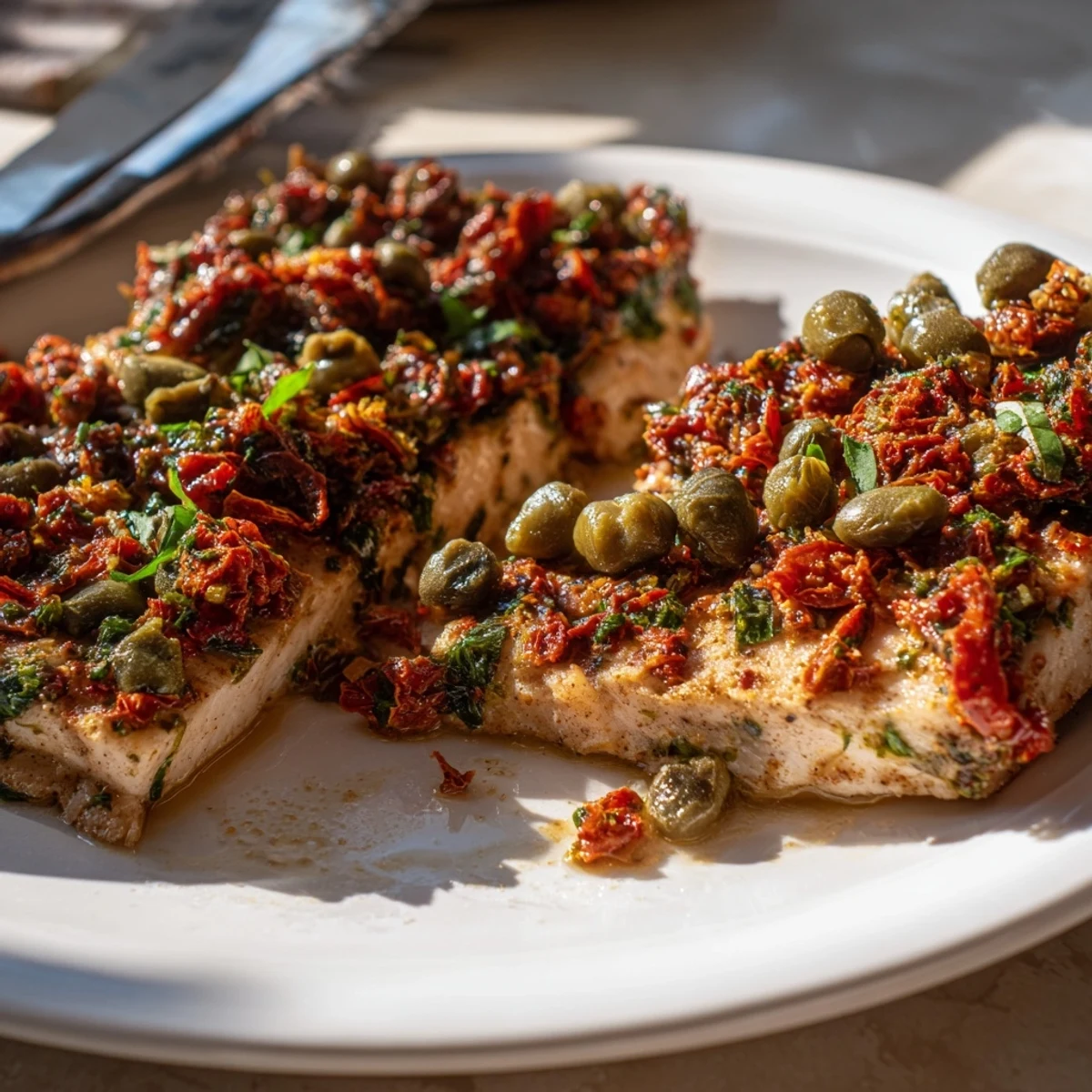 Mediterranean-style sun dried tomato basil mahi mahi fresh from the oven with herbs