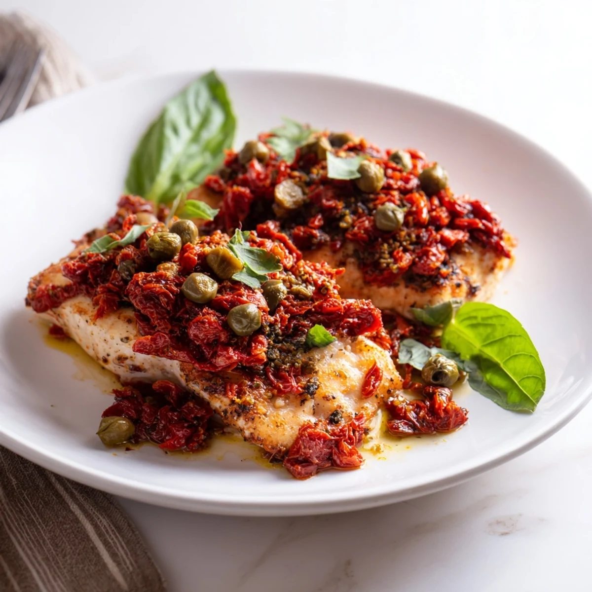 Golden baked mahi mahi fillets topped with vibrant sun-dried tomato basil mixture