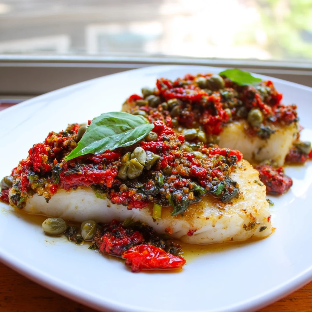 Flaky mahi mahi roasted with zesty sun-dried tomatoes and fresh basil garnish
