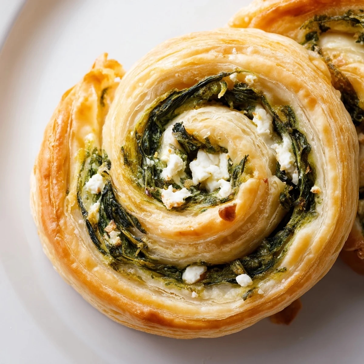 Golden gluten free spinach and feta pinwheels baked to flaky perfection on a white serving platter