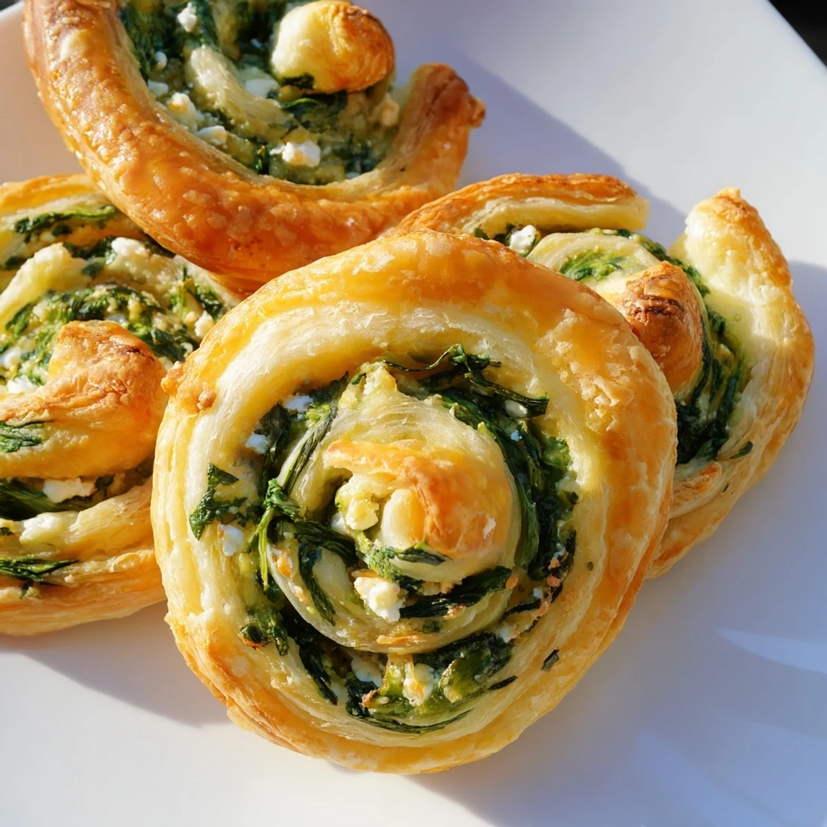 Freshly baked gluten free spinach and feta pinwheels showing green spinach filling and golden pastry layers