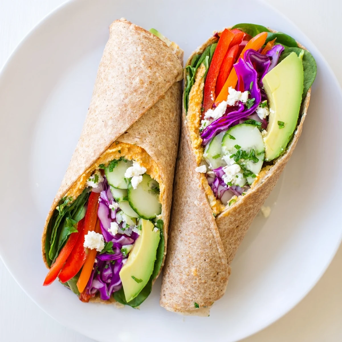 Mediterranean hummus veggie wrap sliced diagonally revealing vibrant layers of fresh vegetables inside