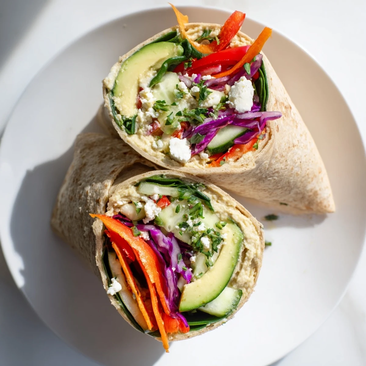 Golden whole wheat tortilla wrapped around creamy hummus and crisp colorful vegetable medley