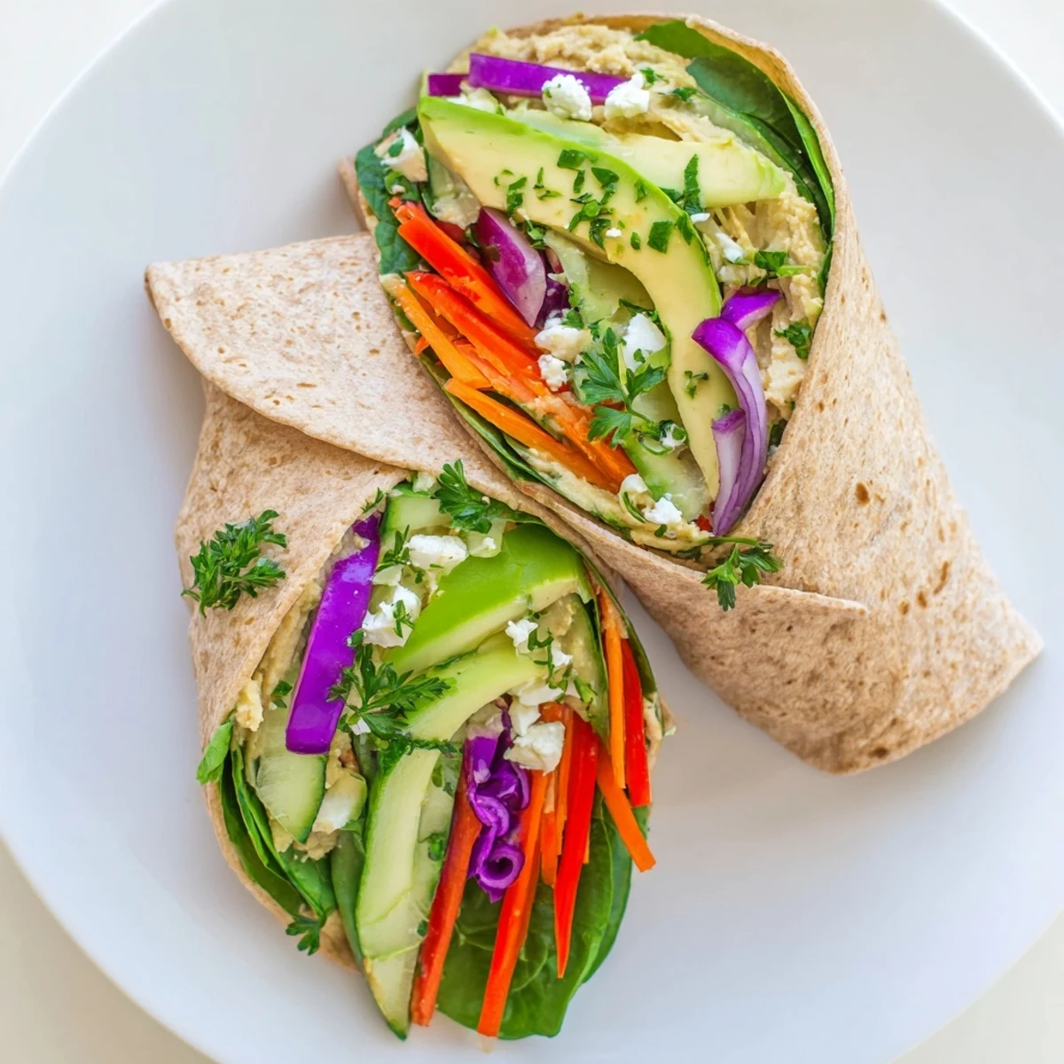 Healthy lunch wrap featuring smooth hummus spread over spinach with red bell pepper strips