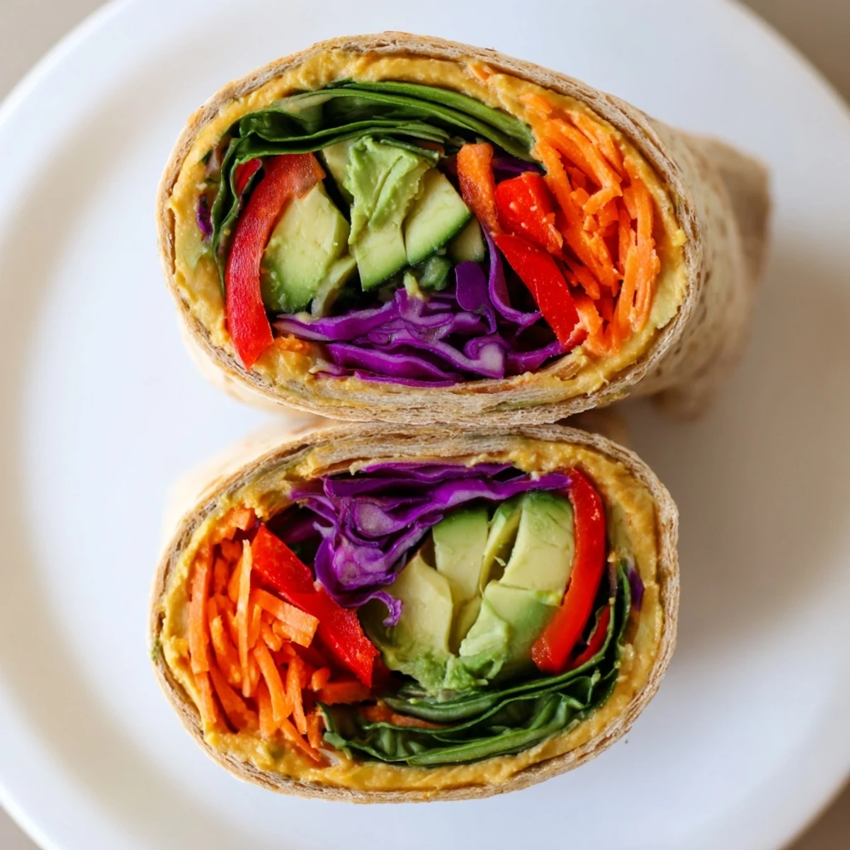 Colorful veggie wrap with hummus recipe featuring sliced peppers, spinach, and carrots rolled in whole wheat tortilla