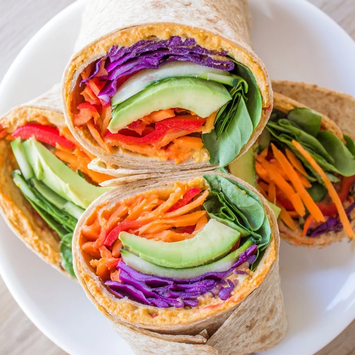 Diagonally sliced veggie wrap with hummus recipe revealing vibrant layers of avocado, bell pepper, and baby spinach filling
