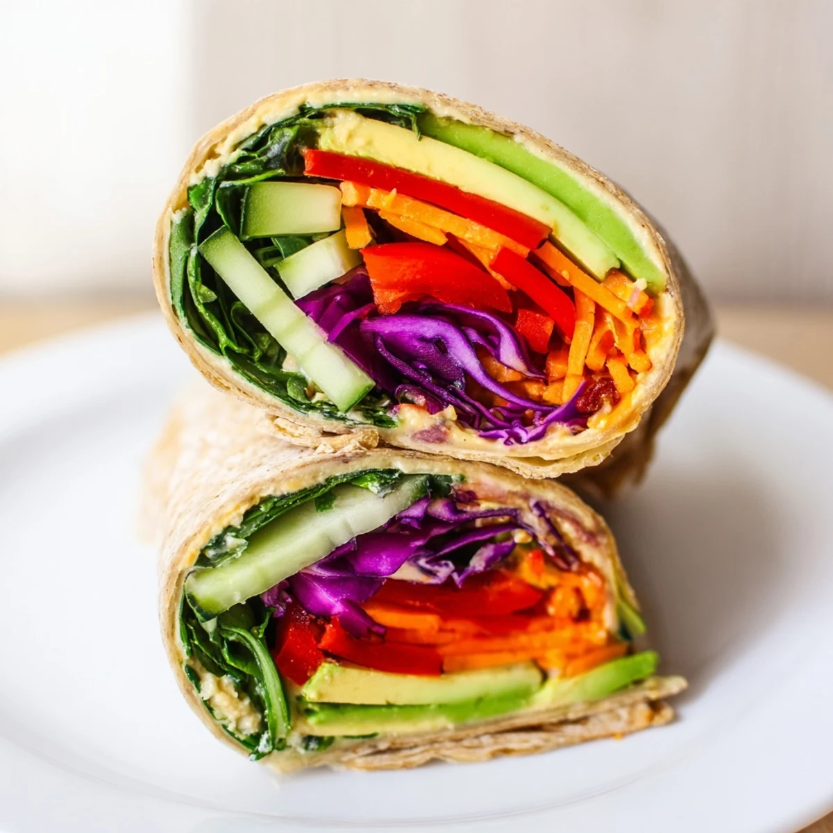 Fresh Mediterranean veggie wrap with hummus recipe displaying cucumber, red cabbage, and creamy spread ready for healthy lunch