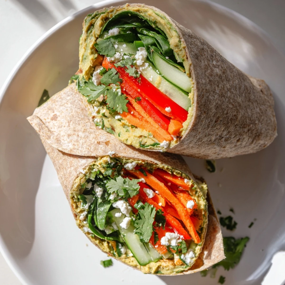 Fresh spinach hummus lunch wraps rolled with colorful vegetables and creamy spread