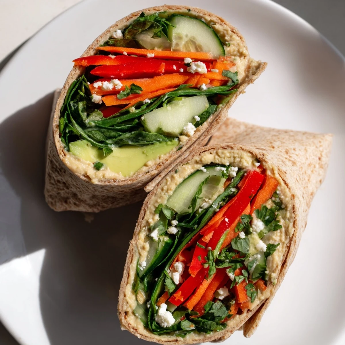 Mediterranean spinach hummus lunch wraps stuffed with crisp cucumber carrots bell peppers