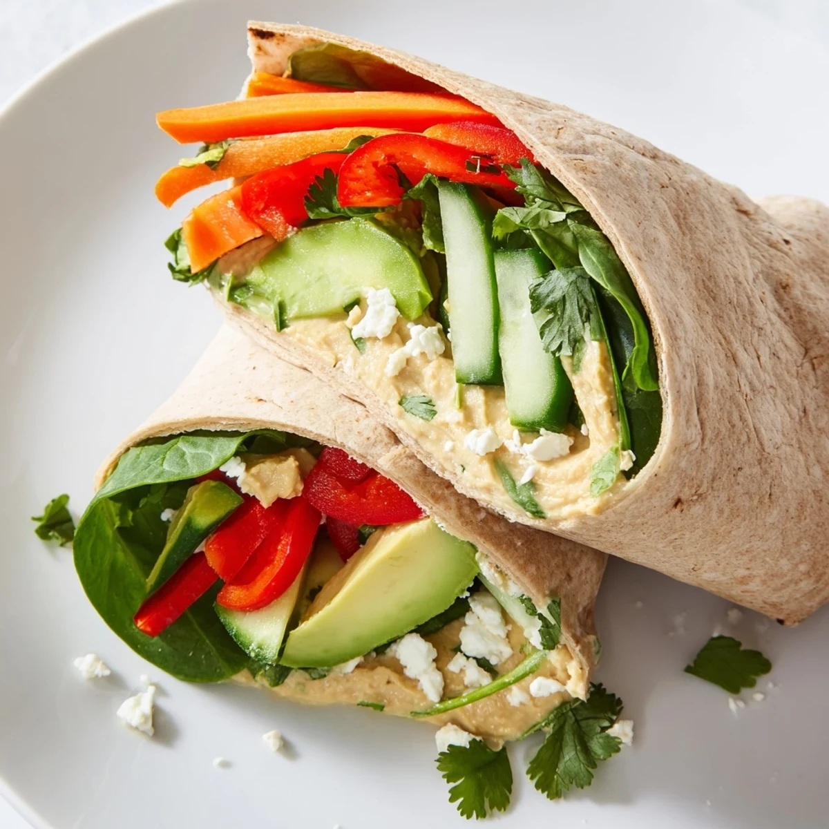 Healthy spinach hummus lunch wraps featuring sliced avocado fresh greens and feta