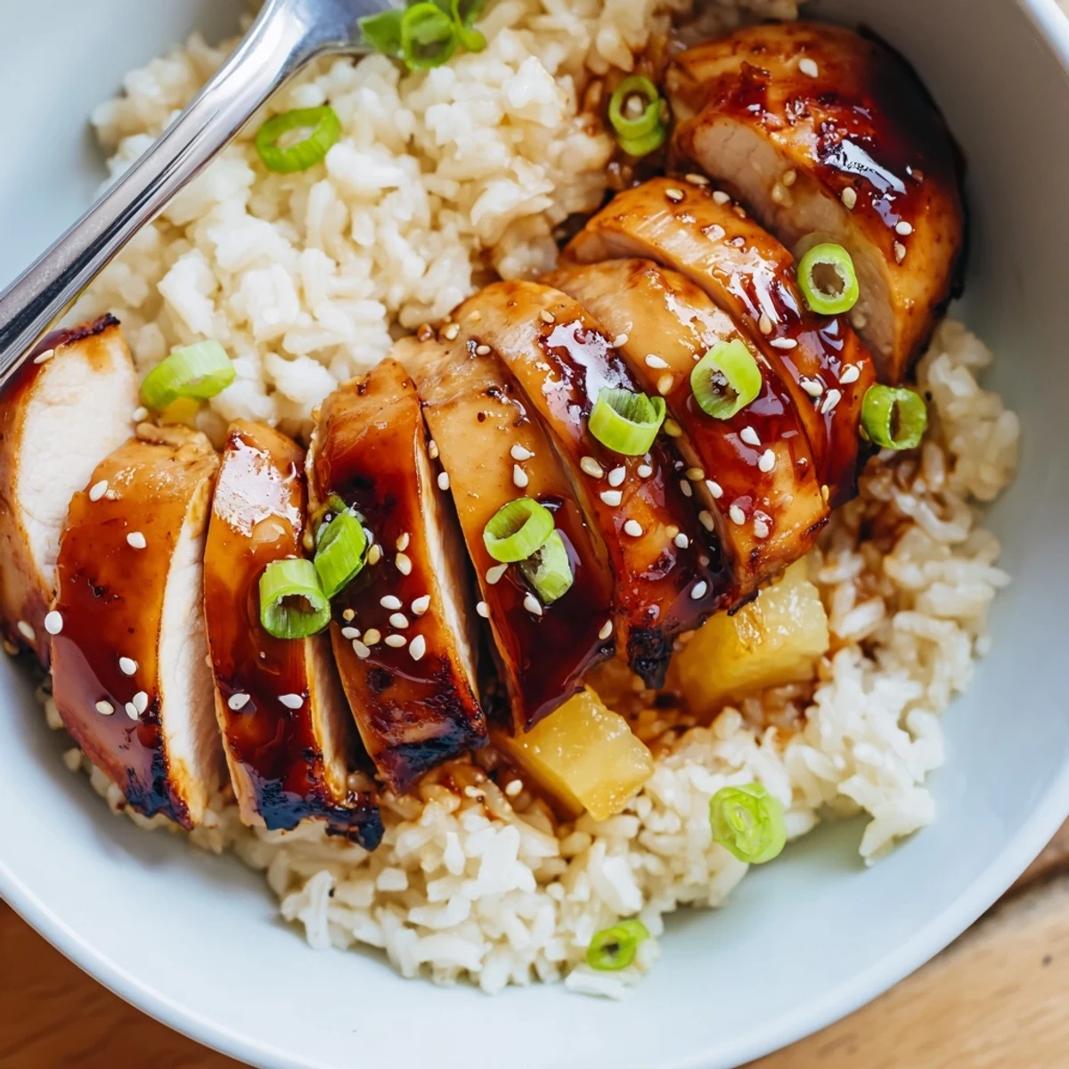 Hawaiian Chicken With Coconut Rice glistening with glossy pineapple glaze, fragrant rice.