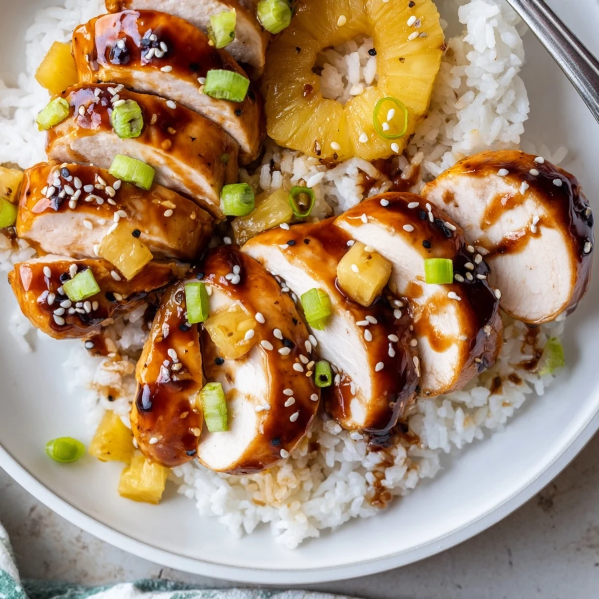 Sliced Hawaiian Chicken With Coconut Rice atop fluffy coconut jasmine grains, scallion garnish.