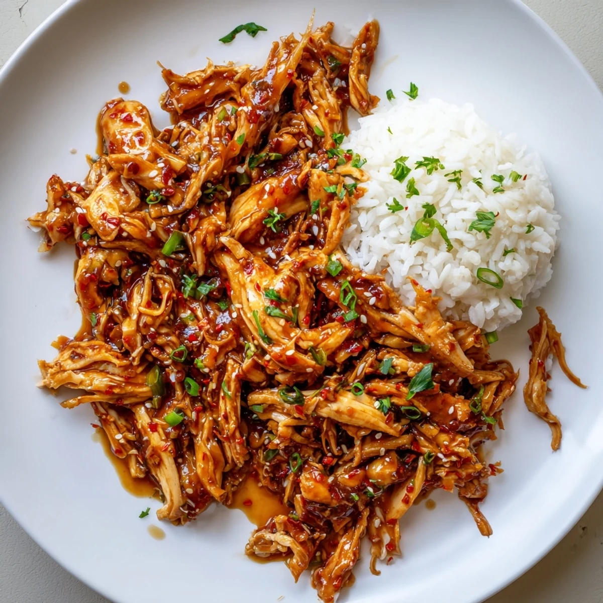 Crockpot Honey Garlic Chicken glazed in glossy amber sauce served over rice