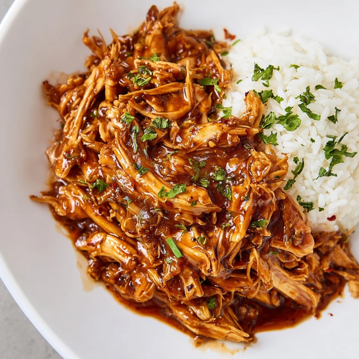Steaming Crockpot Honey Garlic Chicken tender enough to shred, sweet garlicky aroma
