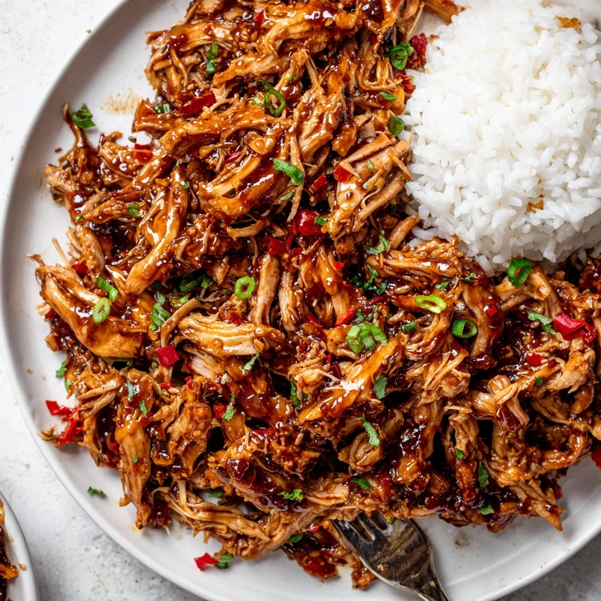 Family-style Crockpot Honey Garlic Chicken topped with green onions, perfect weeknight dinner