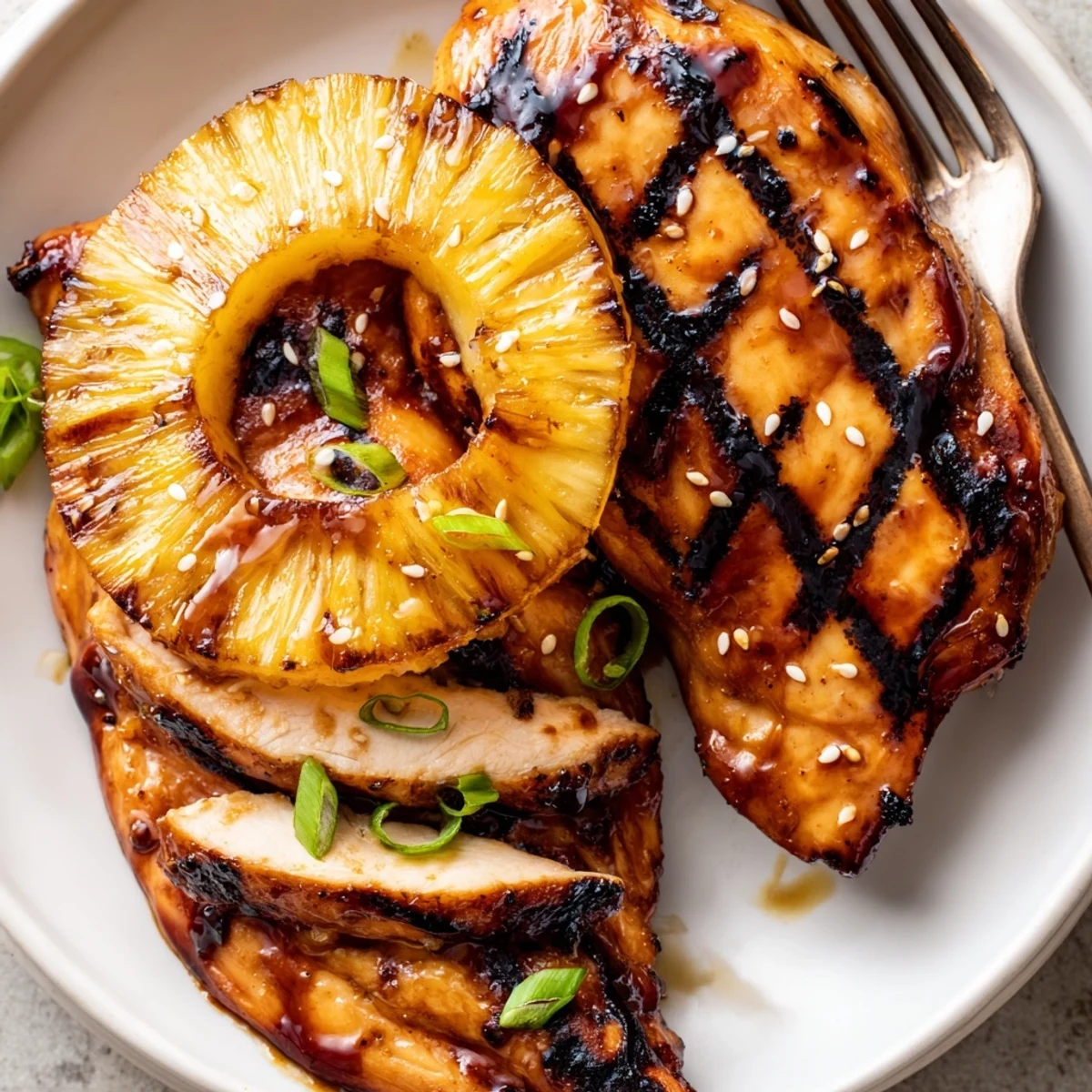 Tender Grilled Aloha Chicken brushed with sweet pineapple-soy glaze, garnished with scallions