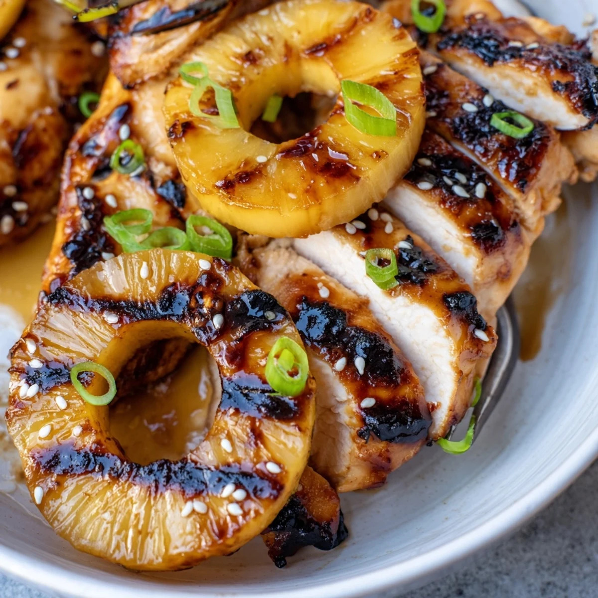 Plate of Grilled Aloha Chicken beside coconut rice, smoky grill marks visible