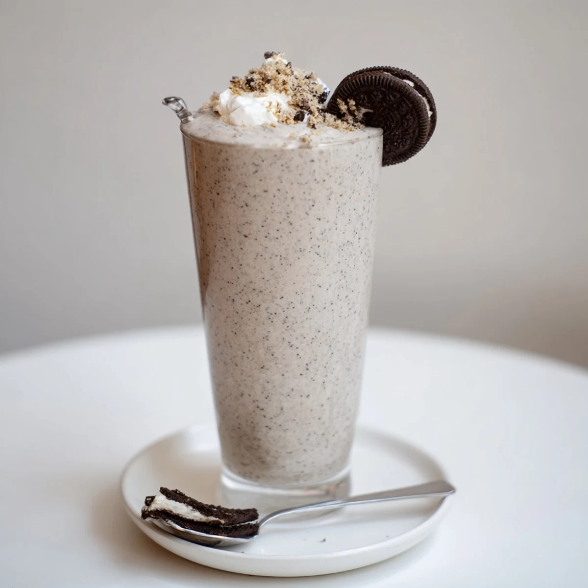 Post-workout Cookies And Cream Protein Shake garnished with whipped cream and crumbs