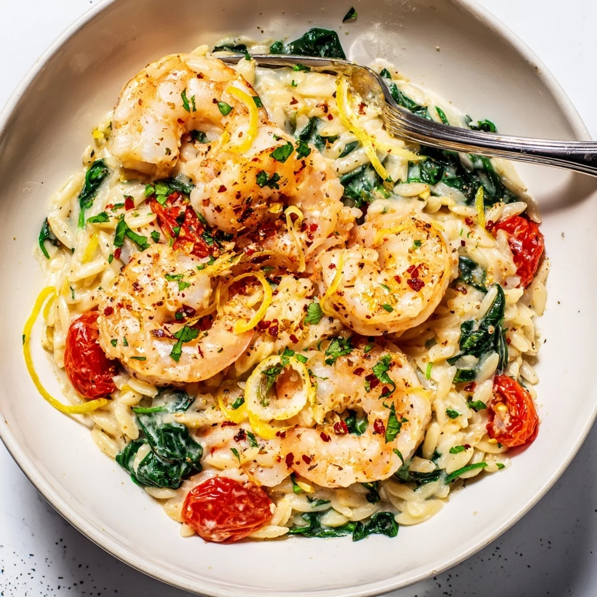 Creamy Shrimp Orzo Recipe plated steaming, shrimp pink, lemon zest bright.