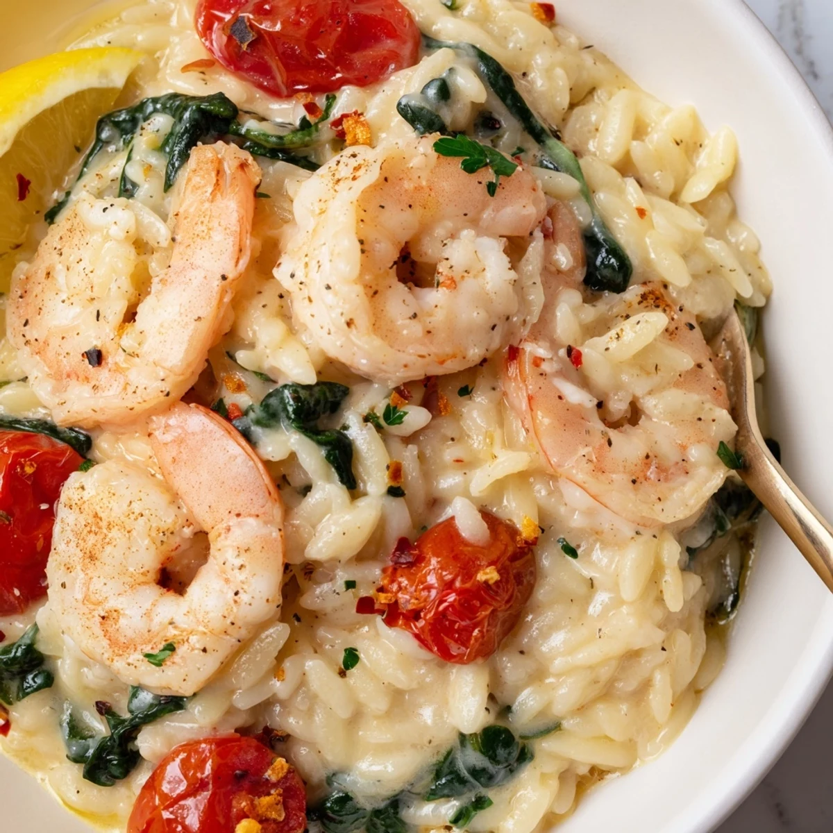 A bowl of Creamy Shrimp Orzo Recipe, silky sauce, wilted spinach.