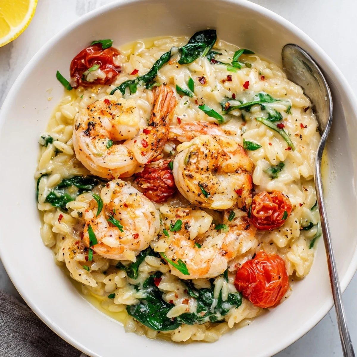 Skillet full of lemon kissed Creamy Shrimp Orzo Recipe, garlic scented parsley.