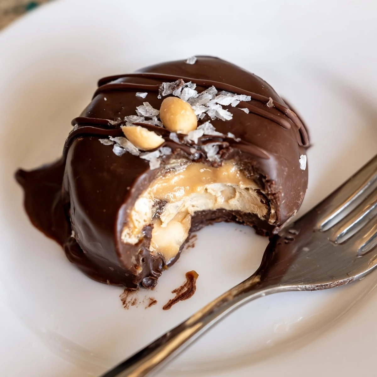 Plated Frozen Peanut Butter Greek Yogurt Bites Dipped In Dark Chocolate With Sea Salt