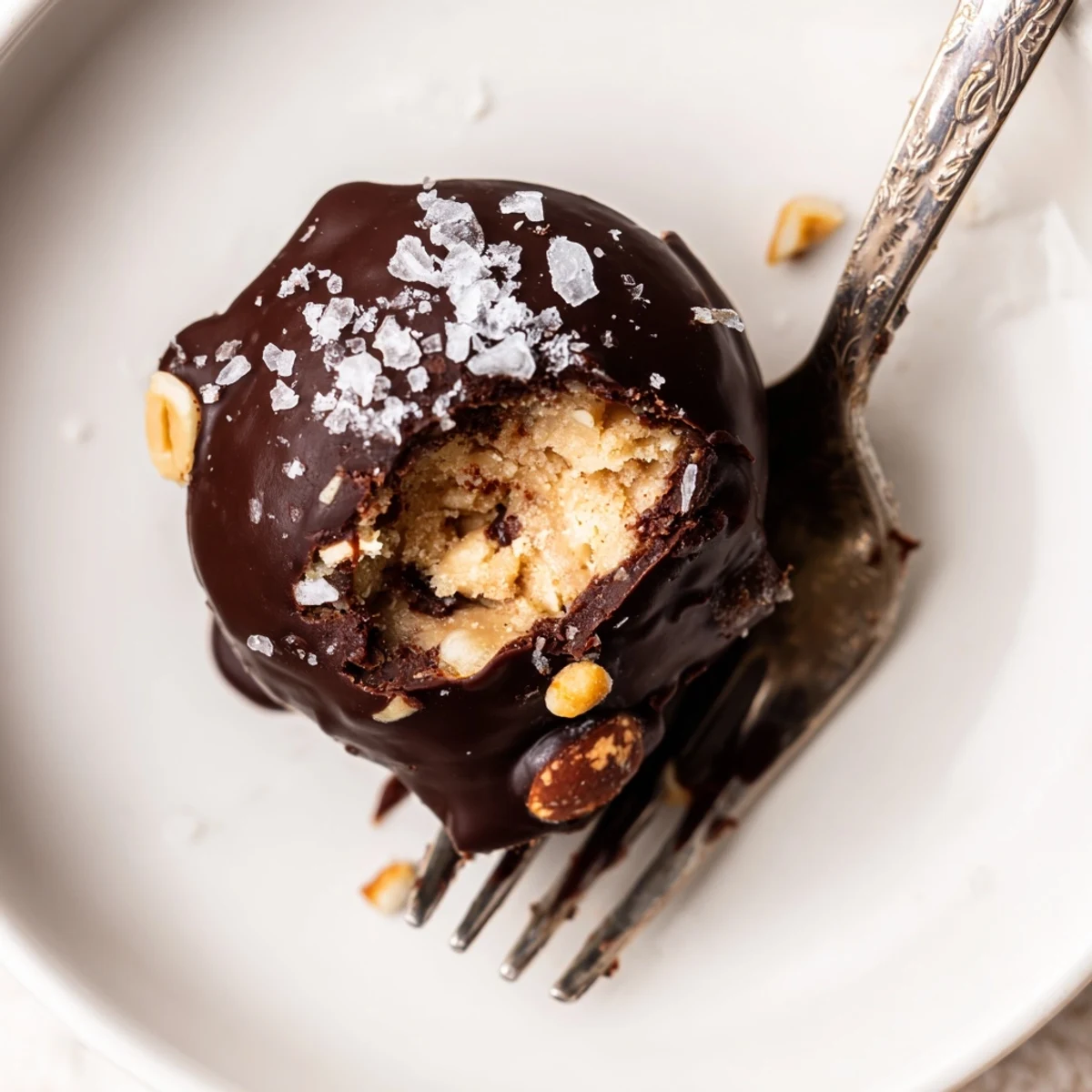 Frozen Peanut Butter Greek Yogurt Bites Dipped In Dark Chocolate With Sea Salt, glossy
