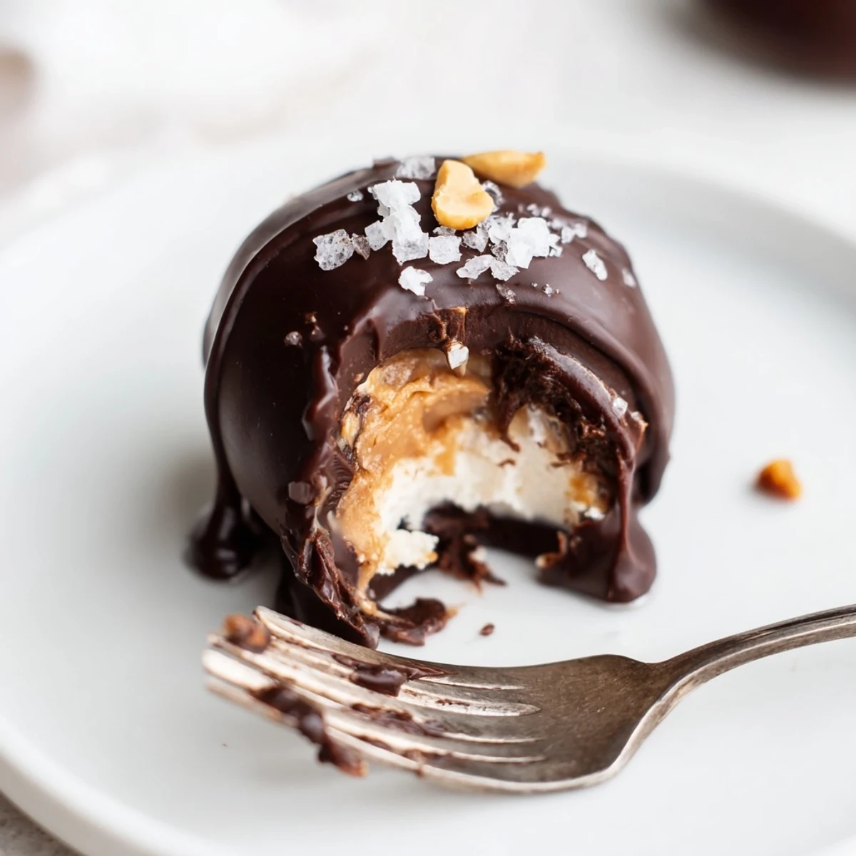 Frozen Peanut Butter Greek Yogurt Bites Dipped In Dark Chocolate With Sea Salt sprinkled