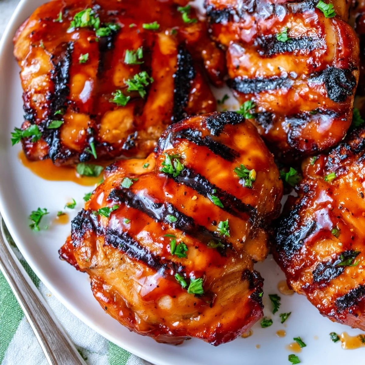 Grilled Honey Buffalo Chicken Thighs glistening with honey buffalo glaze, charred edges