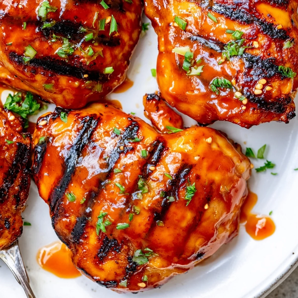 Juicy Grilled Honey Buffalo Chicken Thighs marinated, basted on grill, garnished with parsley
