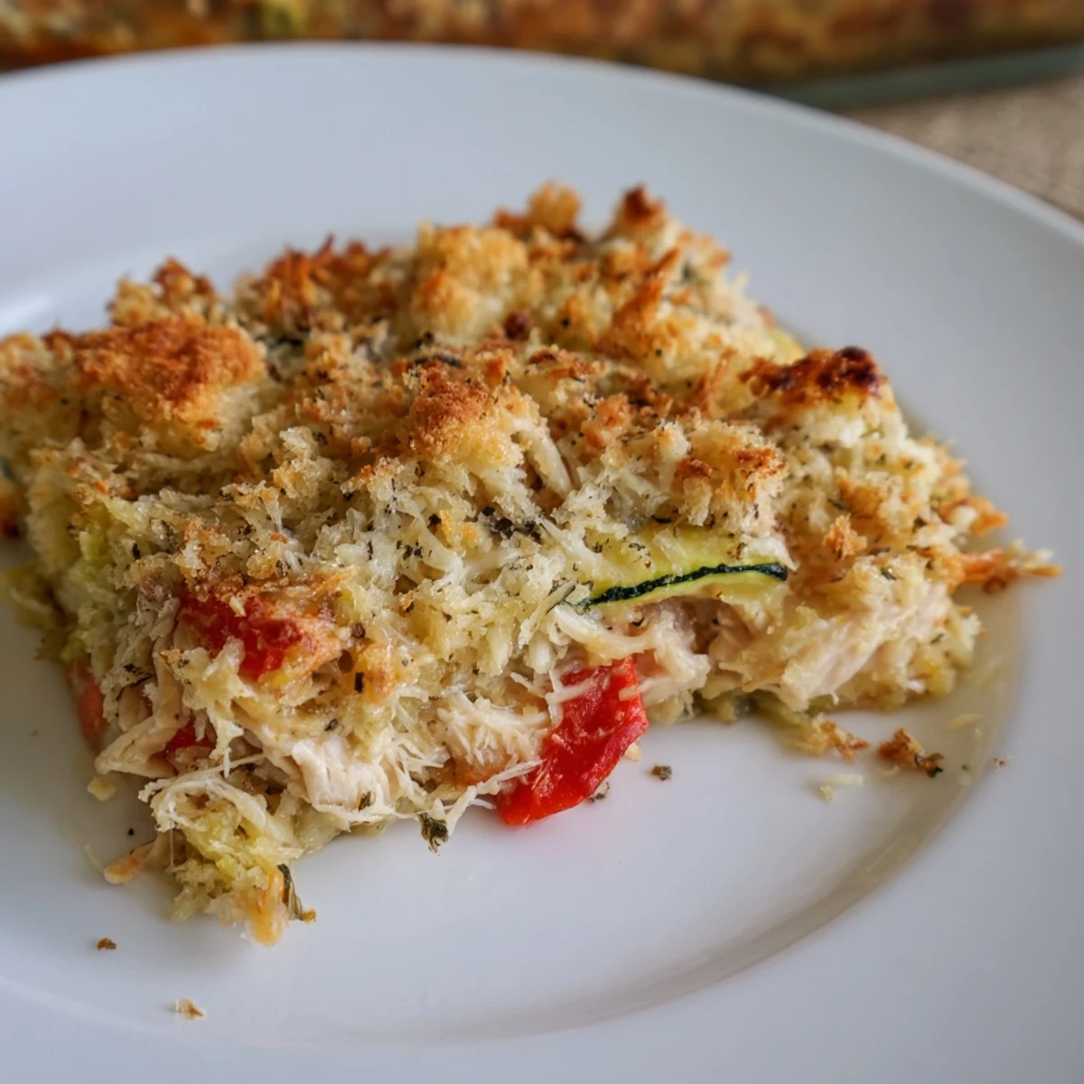Golden bubbly cheese and tender chicken in Family Friendly Chicken Zucchini Bake