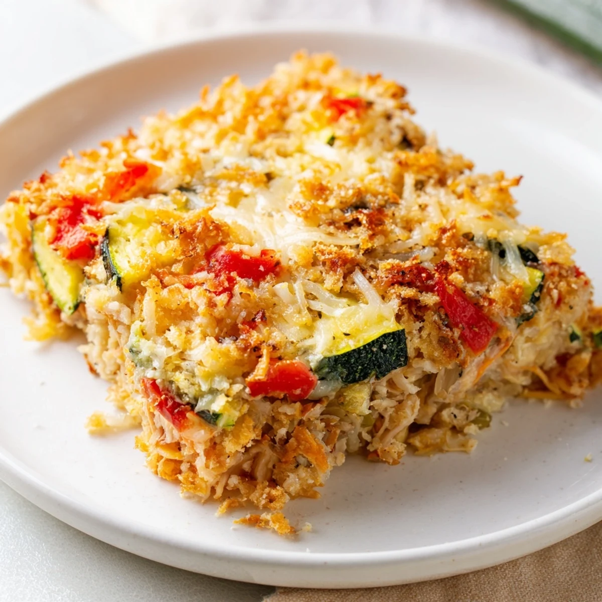 Family Friendly Chicken Zucchini Bake resting five minutes, creamy topping, served with salad