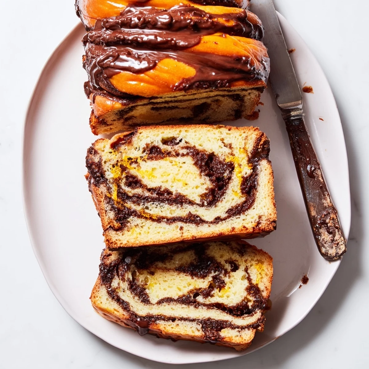 Golden orange glazed chocolate babka swirled with rich dark chocolate filling
