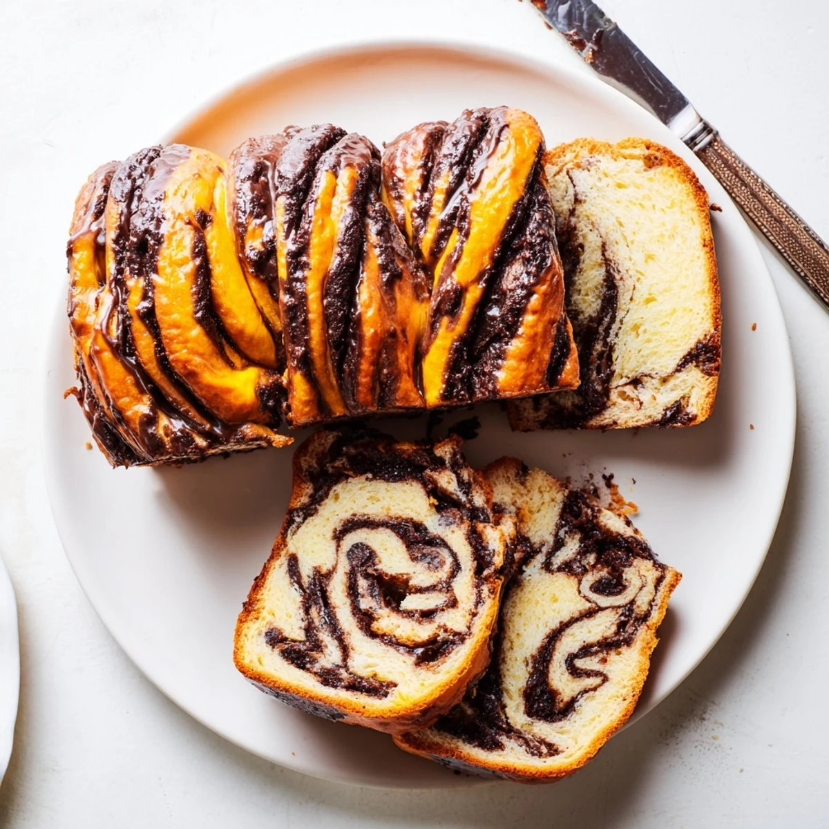 Tender brioche-style chocolate babka topped with glossy citrus-infused orange glaze