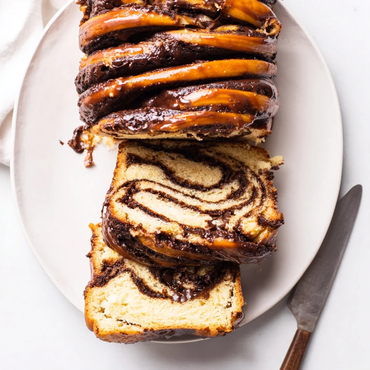 Decadent chocolate babka bread twisted with cocoa and finished with sweet orange drizzle