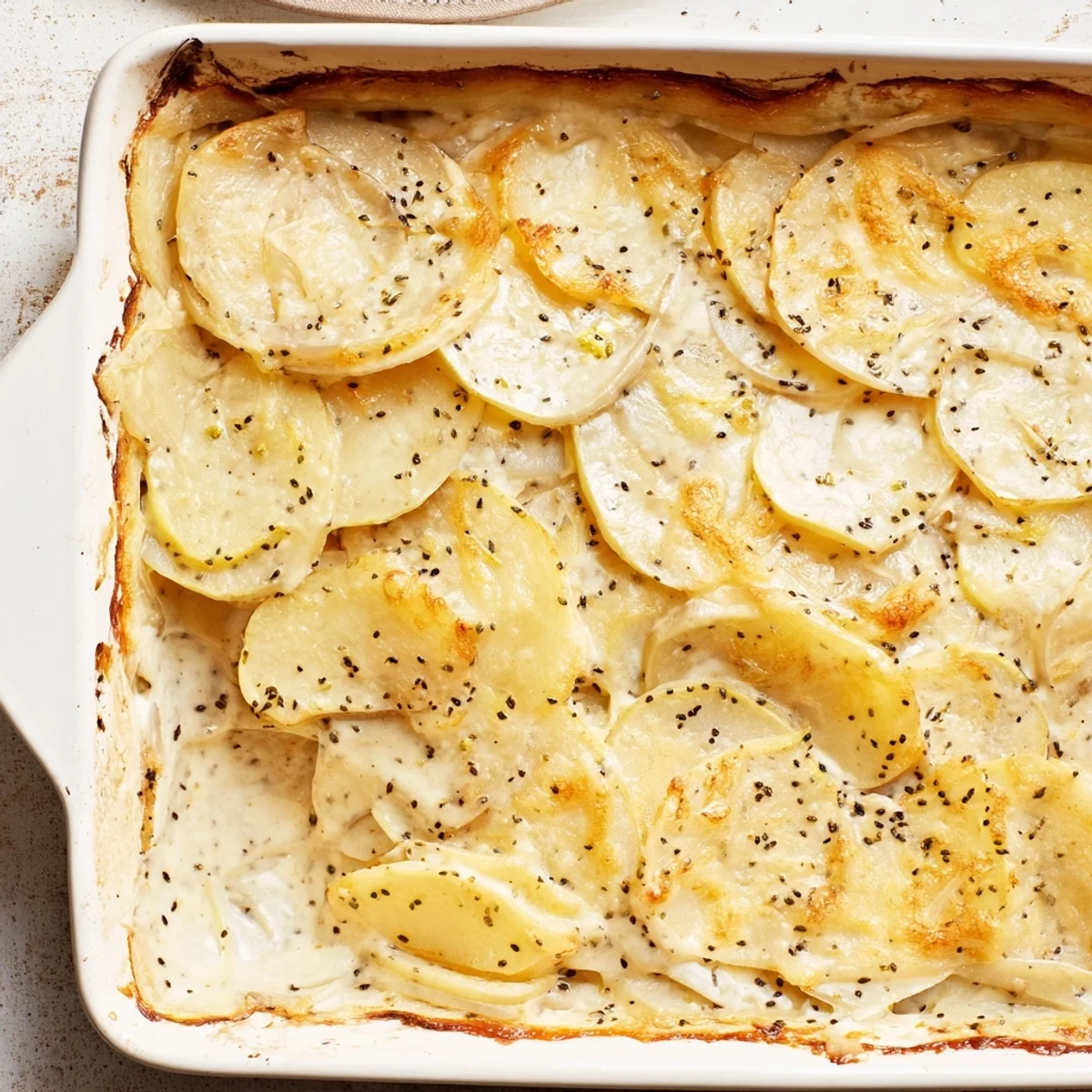 Golden Nigella potato gratin bubbling with melted Gruyère and aromatic nigella seeds
