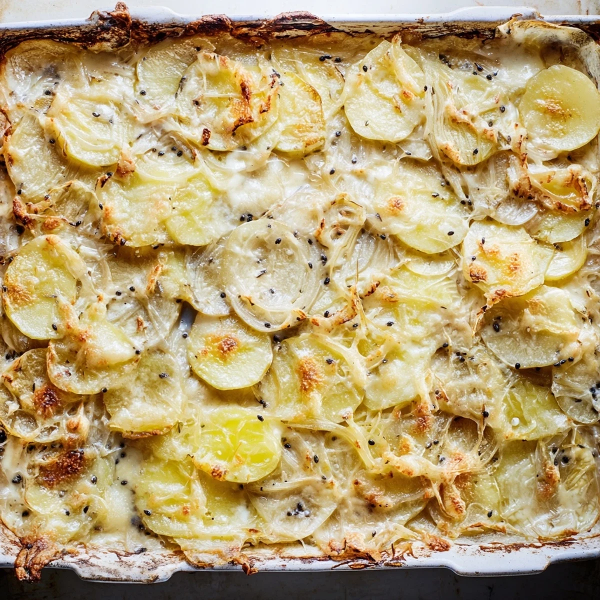 Creamy layered potato slices baked with onions and golden cheesy crust topping